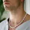 N8181 Collier De Perle Homme Blanche Véritable Et Acier 55cm - Bijoux Colliers Hommes en ligne Ninanina