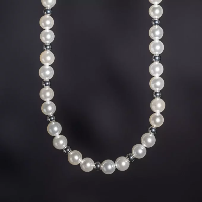 N8181c Collier De Perle Homme Blanche Véritable Et Acier 55cm - Bijoux Colliers Hommes en ligne Ninanina