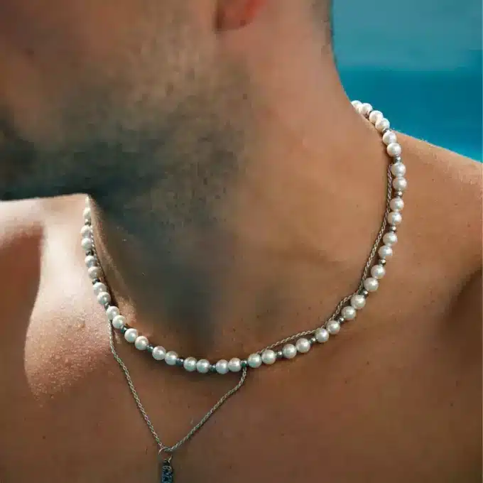N8181d Collier De Perle Homme Blanche Véritable Et Acier 55cm - Bijoux Colliers Hommes en ligne Ninanina