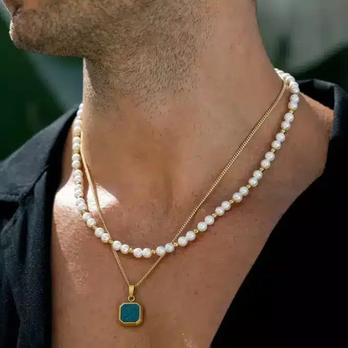 N8181e Collier De Perle Homme Blanche Véritable Et Acier 55cm - Bijoux Colliers Hommes en ligne Ninanina