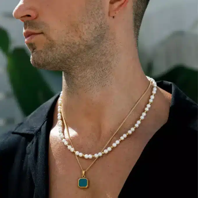 N8181f Collier De Perle Homme Blanche Véritable Et Acier 55cm - Bijoux Colliers Hommes en ligne Ninanina