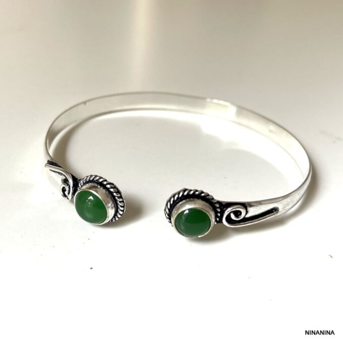 N8159 Bracelet Pierre Verte Jonc Plaqué Argent et Onyx Vert - Bijoux Bracelets joncs en ligne Ninanina