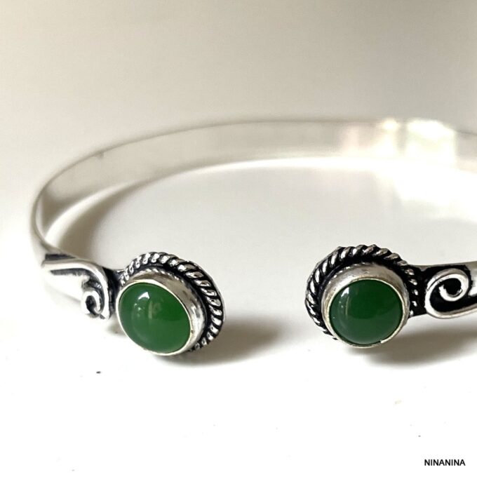N8159a Bracelet Pierre Verte Jonc Plaqué Argent et Onyx Vert - Bijoux Bracelets joncs en ligne Ninanina