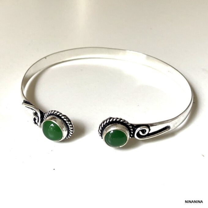 N8159b Bracelet Pierre Verte Jonc Plaqué Argent et Onyx Vert - Bijoux Bracelets joncs en ligne Ninanina