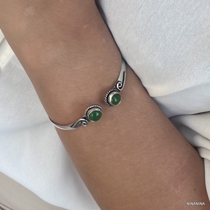 N8159c Bracelet Pierre Verte Jonc Plaqué Argent et Onyx Vert - Bijoux Bracelets joncs en ligne Ninanina