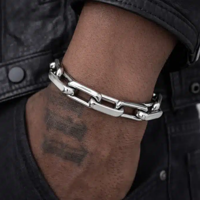 N8193 Bracelet Grosse Maille Homme Ovale Acier Inoxydable Argenté - Bijoux Bracelets hommes en ligne Ninanina