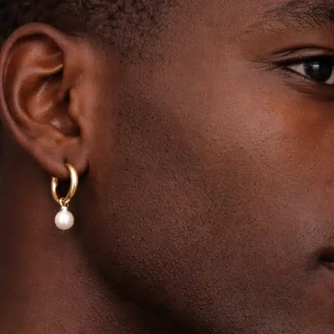 N8228 Boucle D'Oreille Perle Artisanale - Creole Homme Argent Plaqué Or - Bijoux boucles d'oreilles hommes en ligne Ninanina