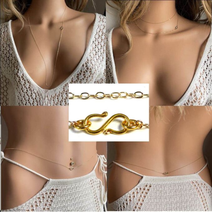 Composition de 5 images : haut de l'image : Collier infini en or laminé gold filled 14k, sautoir féminin fait main signé Ninanina, accessoire élégant porté en collier long et en collier court. Bas de l'image : le même collier porté en chaine de taille avec vue avant et vue arrière avec une jupe blanche crochetée, idéal pour un style bohème chic. Centre de l'image : détails de la chaine et du motif infini
