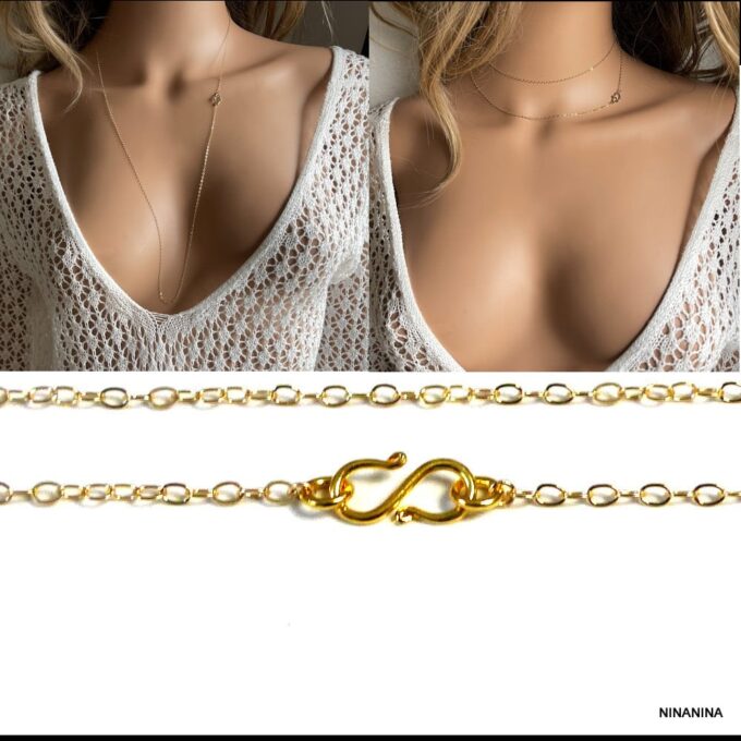 Sautoir féminin en or laminé 14k, orné d’un symbole infini, création Ninanina porté court ou long