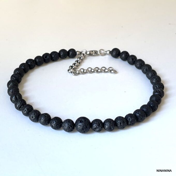 N8230E Bracelet Cheville Noir Homme Pierre De Lave Volcanique - Bijoux de pieds hommes en ligne Ninanina
