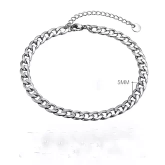 Zoom sur la maille gourmette en acier inoxydable de la chaîne de cheville homme avec dimensions indiquées sur fond blanc - Accessoire robuste et élégant