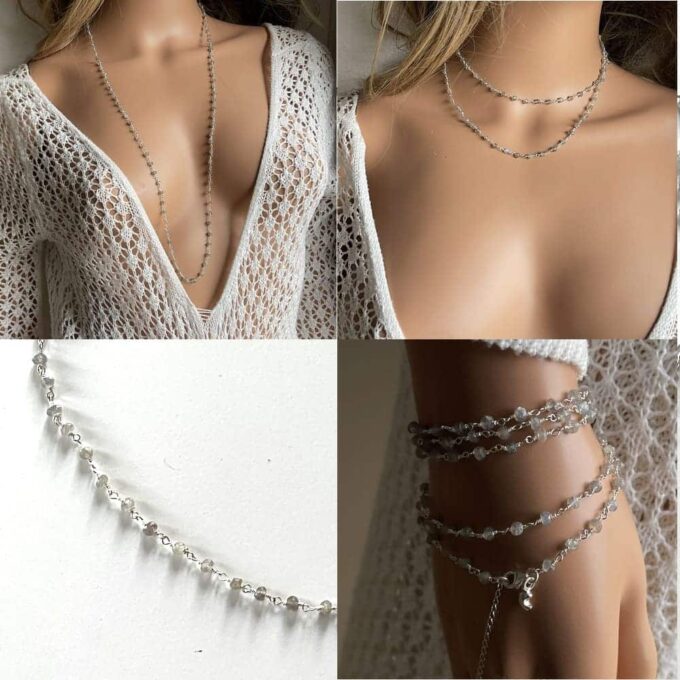 N8248a Sautoir Labradorite Grise - Collier long Femme Argent - Bijoux Colliers sautoirs en ligne Ninanina Détail du sautoir en labradorite grise et chaîne en argent pour femme porté de 3 façons différentes - Bijou artisanal unique et sophistiqué