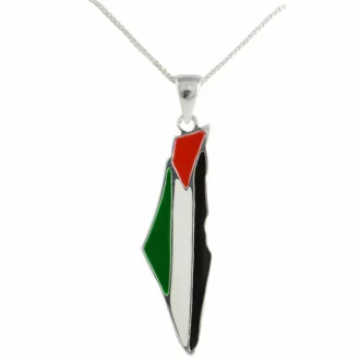 Zoom sur le pendentif Palestine en acier inoxydable argent avec émail rouge, vert, blanc et noir - Bijou élégant et durable