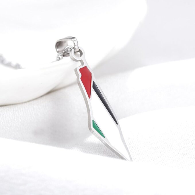 Gros plan sur Collier en acier inoxydable argent avec pendentif Palestine émaillé rouge, vert, blanc et noir - Accessoire chic et significatif