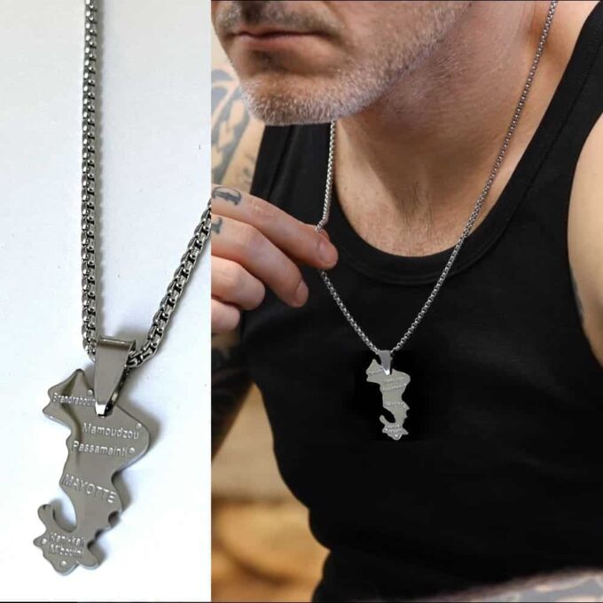 Collier Mayotte pour homme avec pendentif carte en acier inoxydable - Bijou élégant et durable