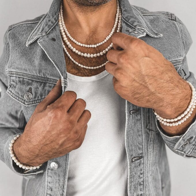 Collier en perles blanches véritables pour homme - Bijou élégant de 50 cm, idéal pour toutes les occasions