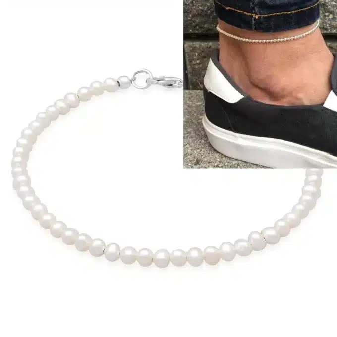 Bracelet de cheville unisexe en perles blanches naturelles - Accessoire élégant et artisanal signé Ninanina