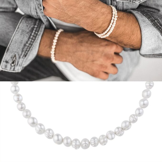 N8287b Bracelet Perle Pour Homme Perles Blanches Naturelles - Bijoux Bracelets hommes en ligne Ninanina Détail du bracelet en perles blanches naturelles pour homme - Bijou artisanal au design soigné