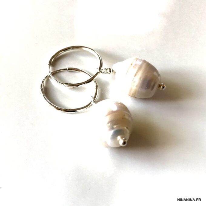 N7620a Créoles perles blanches d'eau douce Et Argent 925 - Bijoux Boucles d'oreilles en ligne Ninanina