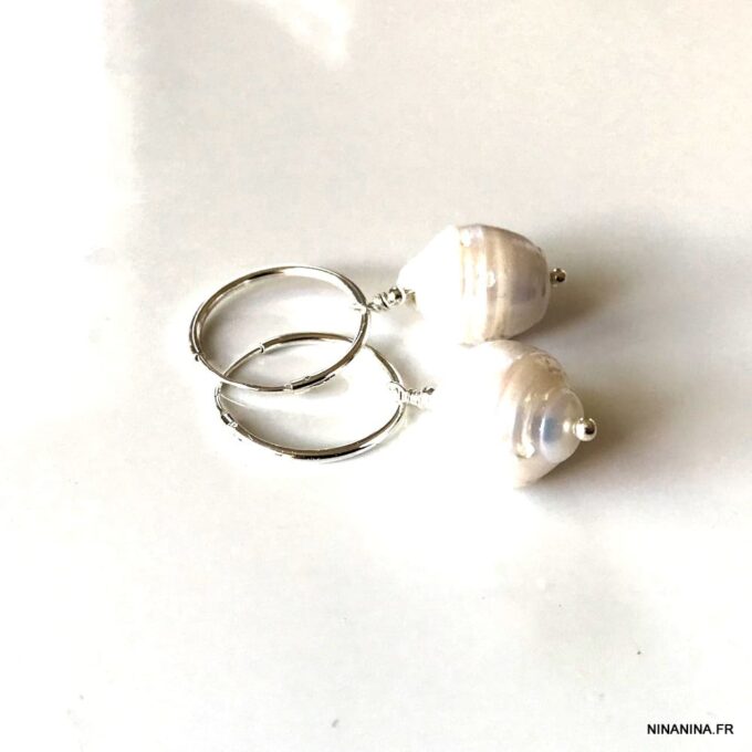 N7620e Créoles perles blanches d'eau douce Et Argent 925 - Bijoux Boucles d'oreilles en ligne Ninanina