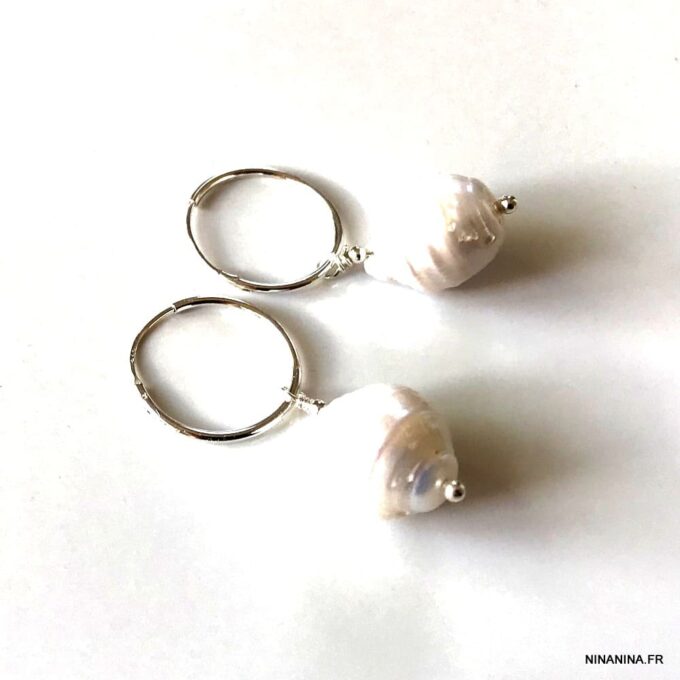 N7620h Créoles perles blanches d'eau douce Et Argent 925 - Bijoux Boucles d'oreilles en ligne Ninanina