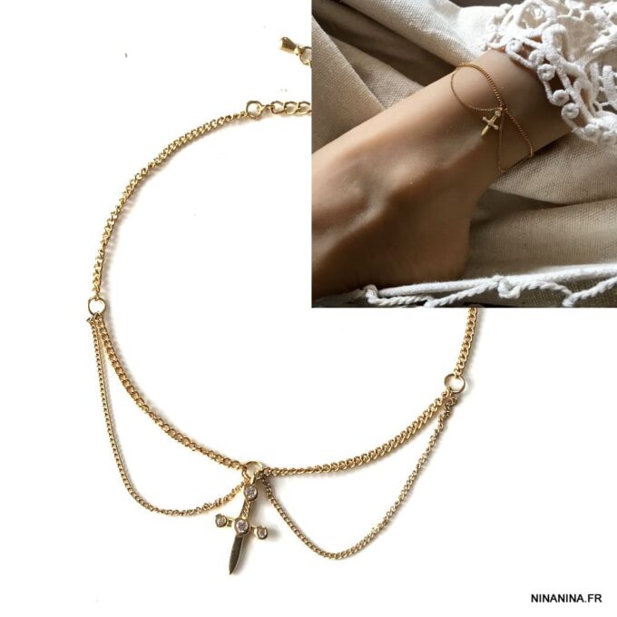 N7652b Bracelet cheville acier inoxydable doré épée zirconium - Bijoux de pieds en ligne Ninanina