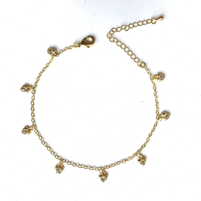 N7747a Bracelet cheville coeur plaqué or et oxyde de zirconium - Bijoux de pieds en ligne Ninanina