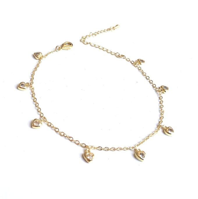 N7747c Bracelet cheville coeur plaqué or et oxyde de zirconium - Bijoux de pieds en ligne Ninanina