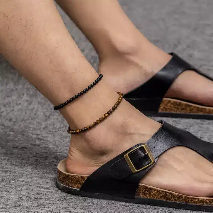 N8012 Bracelet chevilles duo pierre de lave et oeil de tigre - Bijoux de pied en ligne Ninanina