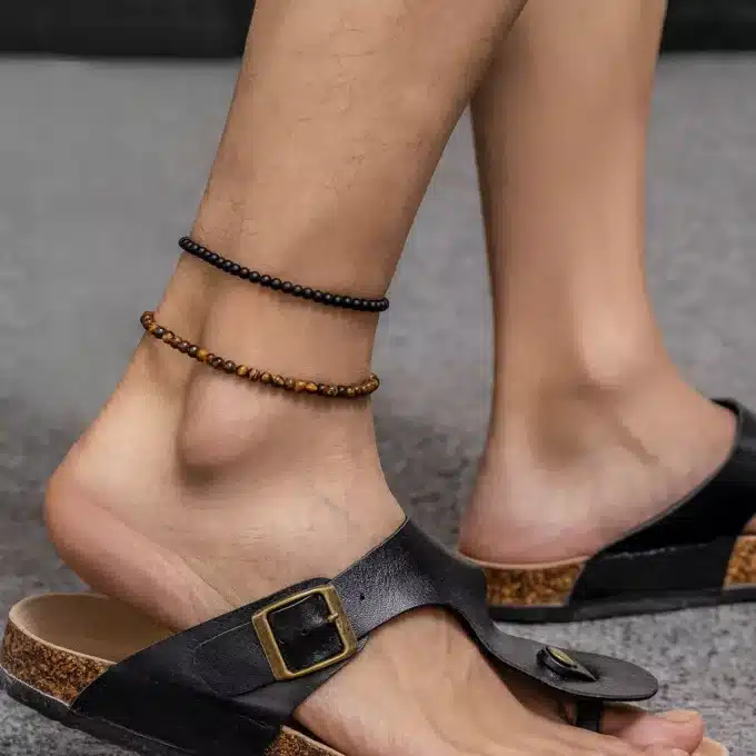 N8012b Bracelet chevilles duo pierre de lave et oeil de tigre - Bijoux de pied en ligne Ninanina