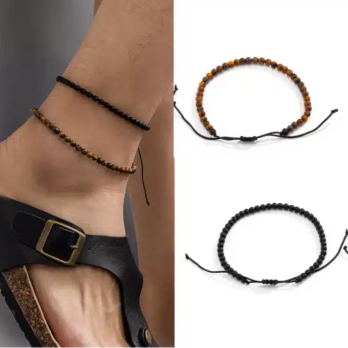 N8012f Bracelet chevilles duo pierre de lave et oeil de tigre - Bijoux de pied en ligne Ninanina