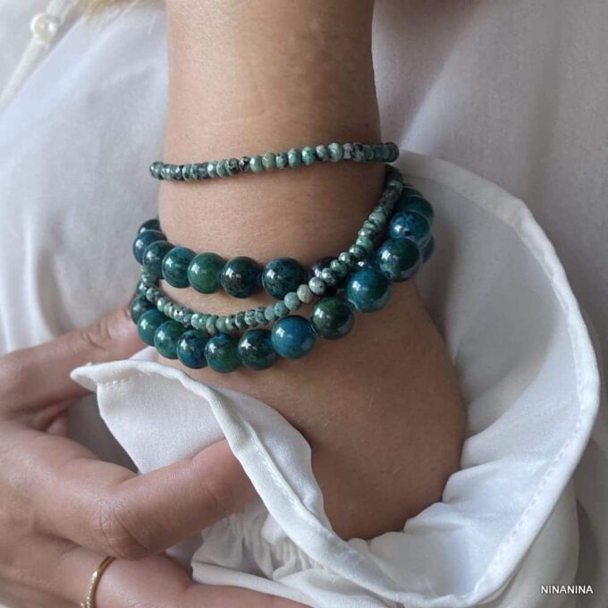 Collier Grosses Perles Bleu Vert En Chrysocolle 10mm Fait Main En France Ninanina porté en bracelet 2 tours