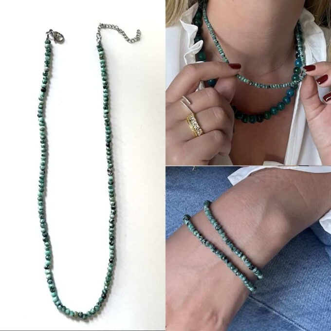 Collier Pierre Bleue Turquoise Fin En Jaspe Bleu 3mm Fait A La Main En France par Ninanina porté en collier et en bracelet double tour