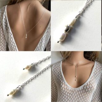 Montage de 4 photos du Bijou en argent massif : collier de dos féminin avec perles blanches naturelles - Élégance et fabrication française