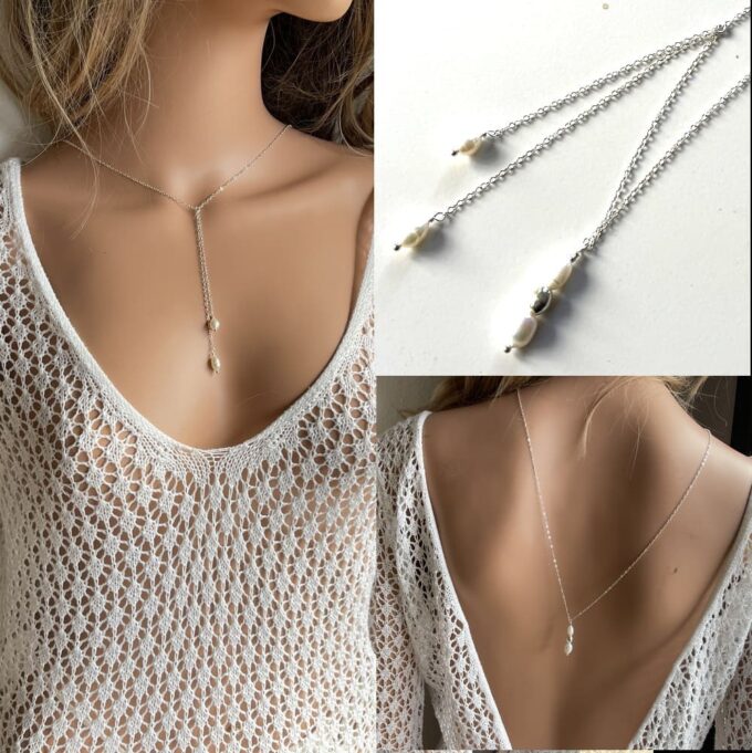 N8172e Collier de dos Argent Massif Perles Blanche Naturelles Made In France - Bijoux Colliers femmes en ligne Ninanina Montage avec plusieurs photos du collier de dos en argent massif avec perles blanches naturelles : à gauche : collier porté sur le devant, à droite : porté sur le derrière - Accessoire élégant made in France