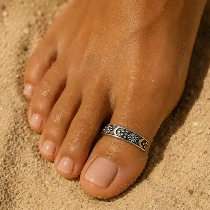 N8235a Bague Gros Orteil Plaqué Argent Réglable Lune Et Soleil - Bijoux de pieds femmes en ligne Ninanina
