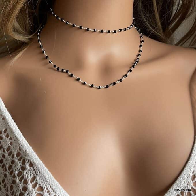 N8247c Sautoir Croix Femme Argent Et Pierres Spinelle Noire - Bijoux Colliers Sautoirs en ligne Ninanina