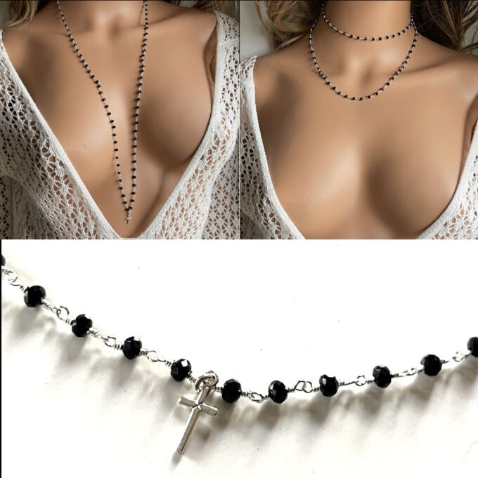 N8247e Sautoir Croix Femme Argent Et Pierres Spinelle Noire - Bijoux Colliers Sautoirs en ligne Ninanina