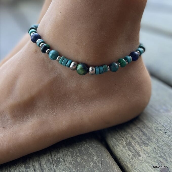 N8249a Bracelet cheville homme turquoise pierre bleue et verte - Bijoux de pieds hommes en ligne Ninanina