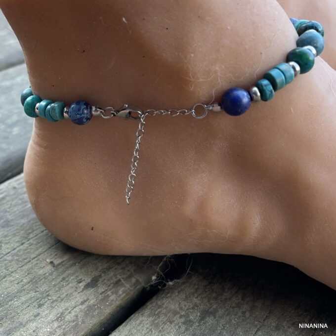 N8249d Bracelet cheville homme turquoise pierre bleue et verte - Bijoux de pieds hommes en ligne Ninanina
