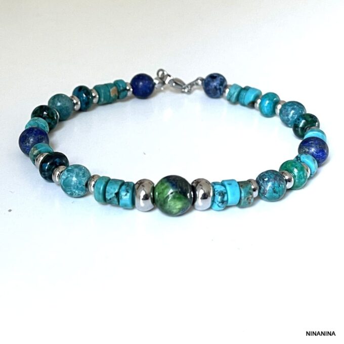 N8249g Bracelet cheville homme turquoise pierre bleue et verte - Bijoux de pieds hommes en ligne Ninanina