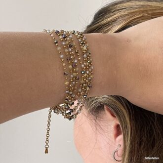 Bracelet Manchette Coloré Multi Rang Perles Acier Doré fait main en france signé Ninanina porté