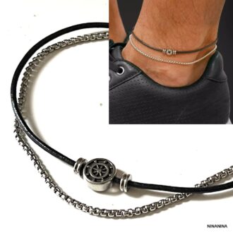 Bracelet De Cheville Homme Double Rang Cuir Et Acier Inoxydable Artisanal signé Ninanina
