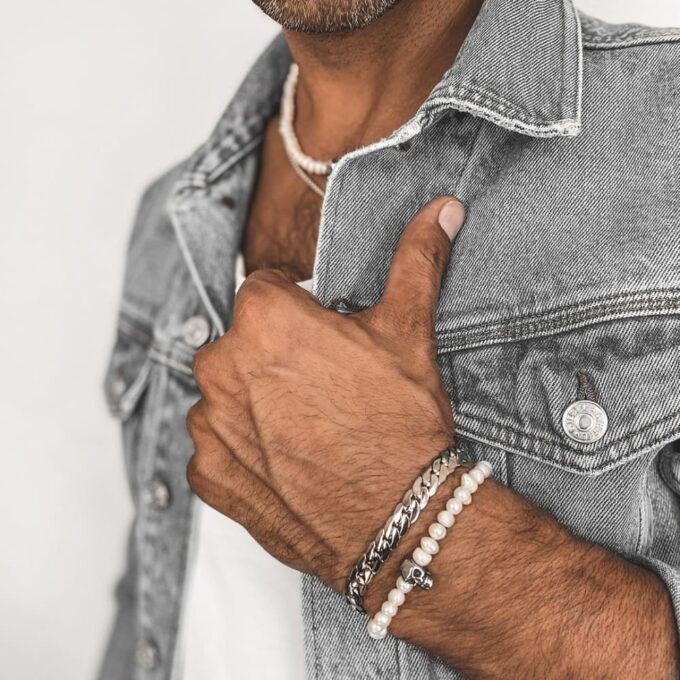 N8274a Bracelet Perle Tete De Mort Acier Inox Et Perles Blanches Artisanal - Bijoux Bracelets hommes artisanaux en ligne Ninanina