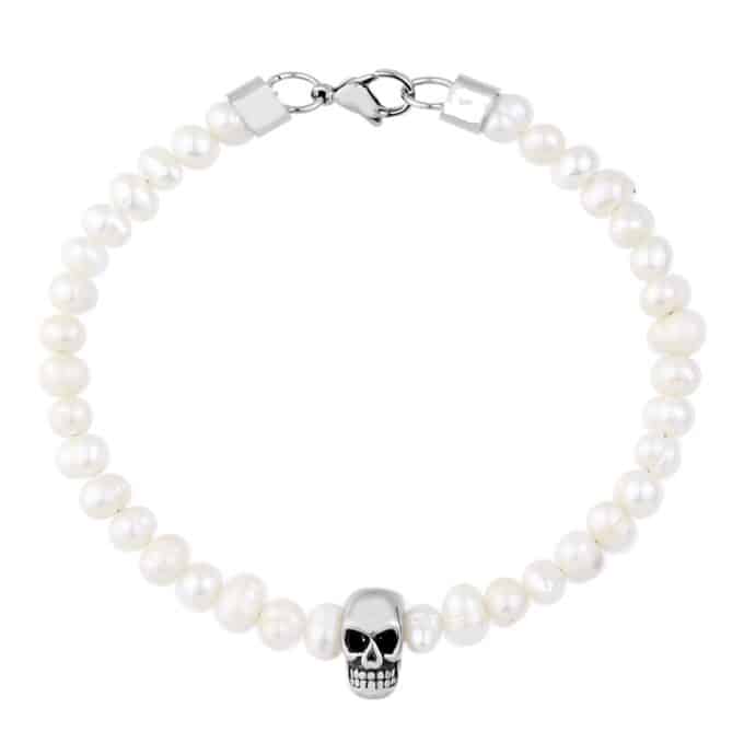 N8274d Bracelet Perle Tete De Mort Acier Inox Et Perles Blanches Artisanal - Bijoux Bracelets hommes artisanaux en ligne Ninanina