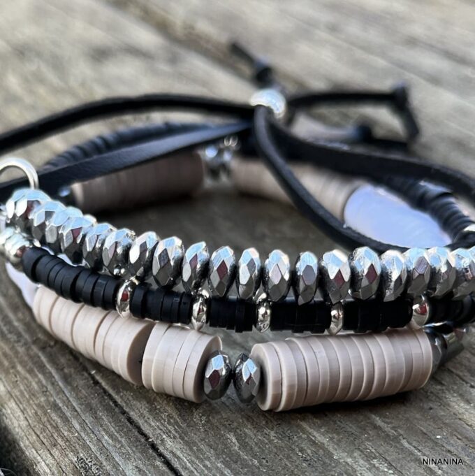 N8321 Ensemble De Bracelets Homme Tendance Perles Heishi Noires - Bijoux Bracelets hommes en ligne Ninanina