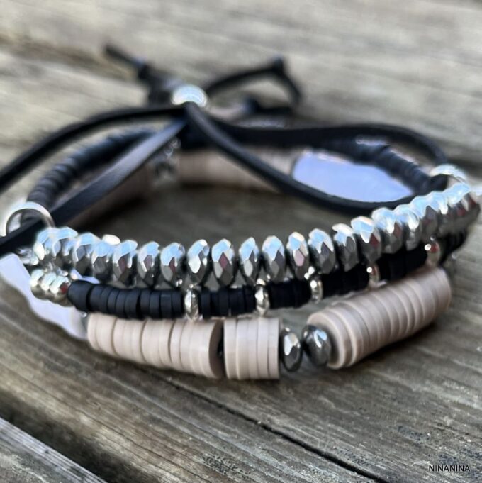 N8321a Ensemble De Bracelets Homme Tendance Perles Heishi Noires - Bijoux Bracelets hommes en ligne Ninanina