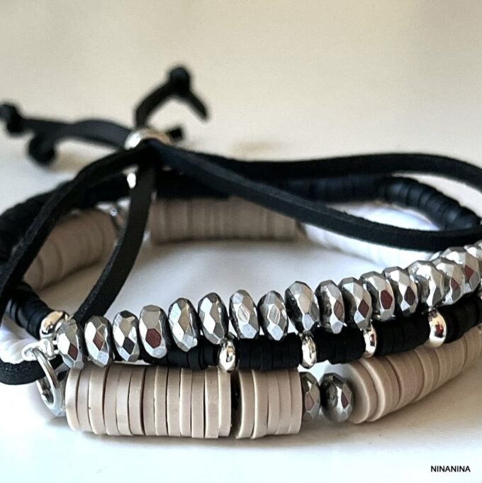 N8321c Ensemble De Bracelets Homme Tendance Perles Heishi Noires - Bijoux Bracelets hommes en ligne Ninanina