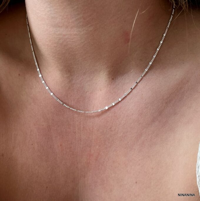 N8314b Chaine collier argent femme maille gourmette carrés plats faite main - Bijoux Colliers chaines femmes en ligne Ninanina