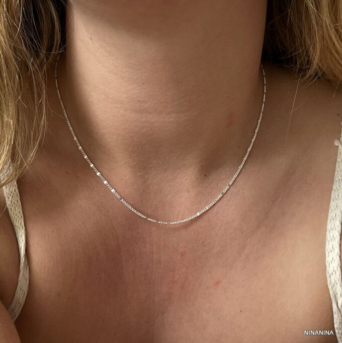 N8314d Chaine collier argent femme maille gourmette carrés plats faite main - Bijoux Colliers chaines femmes en ligne Ninanina